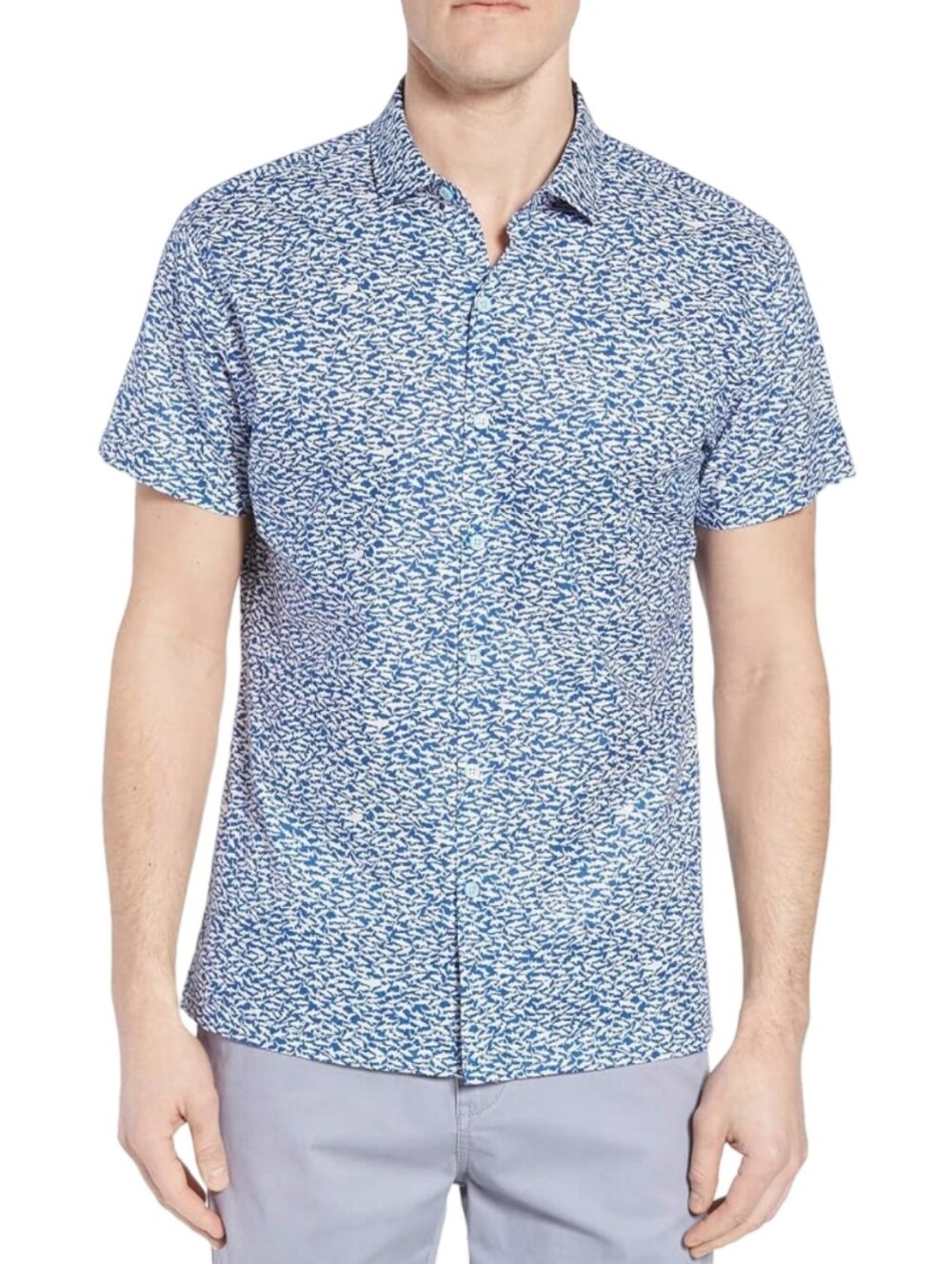 Tori Richard Shark Tank Print Blue Cotton Lawn Button Up Shirt Men’s Size Large